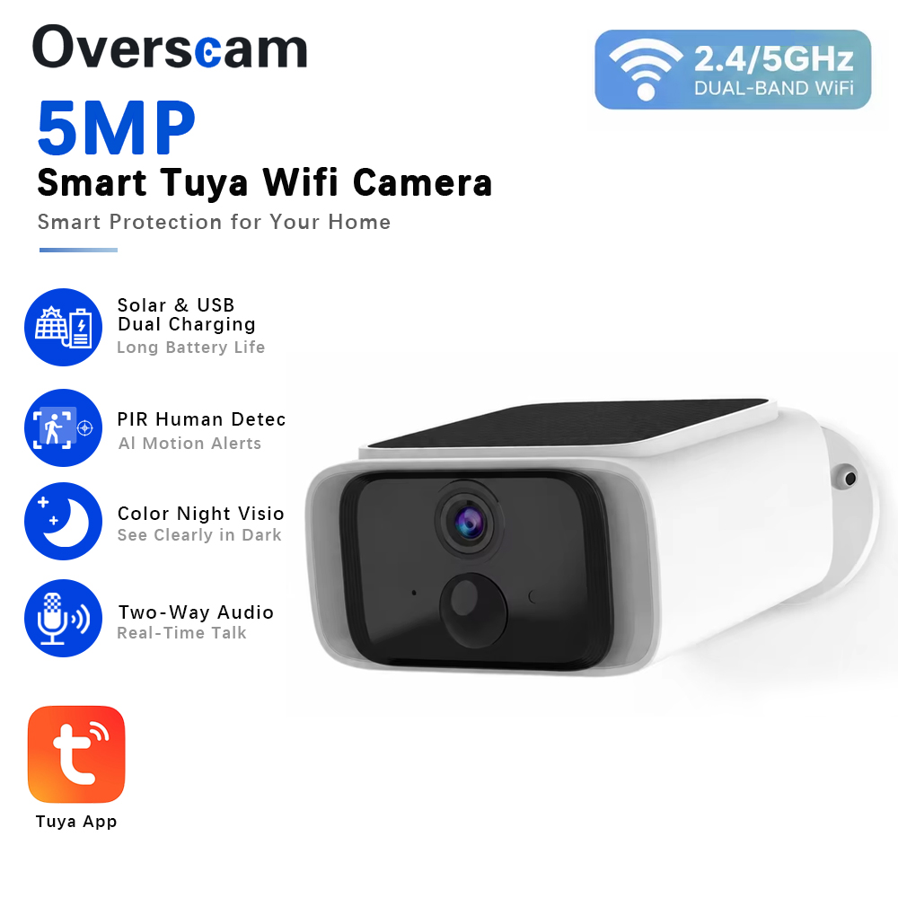 Home Security Camera Installation - Tuya 5MP Solar-Überwachungskamera, kabellose 2,4/5G-WLAN-Kamera für